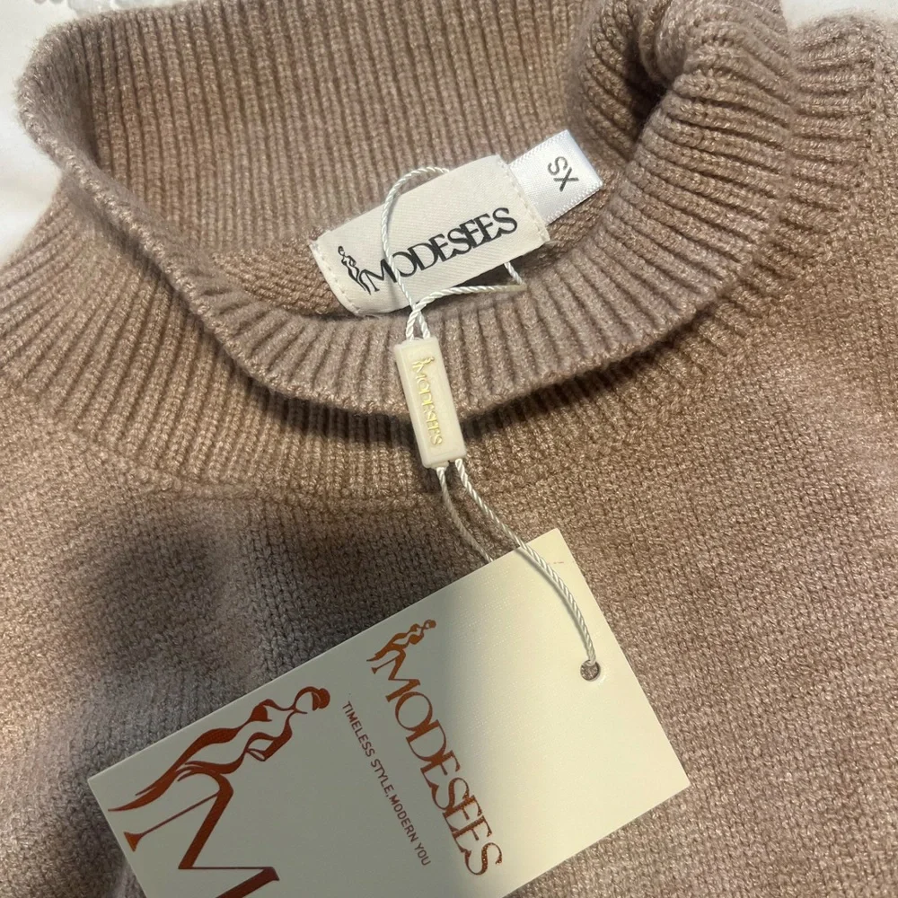 Modesees Taupe Vintage Style Knit/Turtleneck Mini Dress MDA2367I6T - Picture 4 of 5